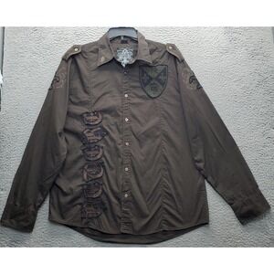 Roar Enough Excuses‎ Shirt Mens Brown Dragon Patch Cotton Regular Fit Button-Up